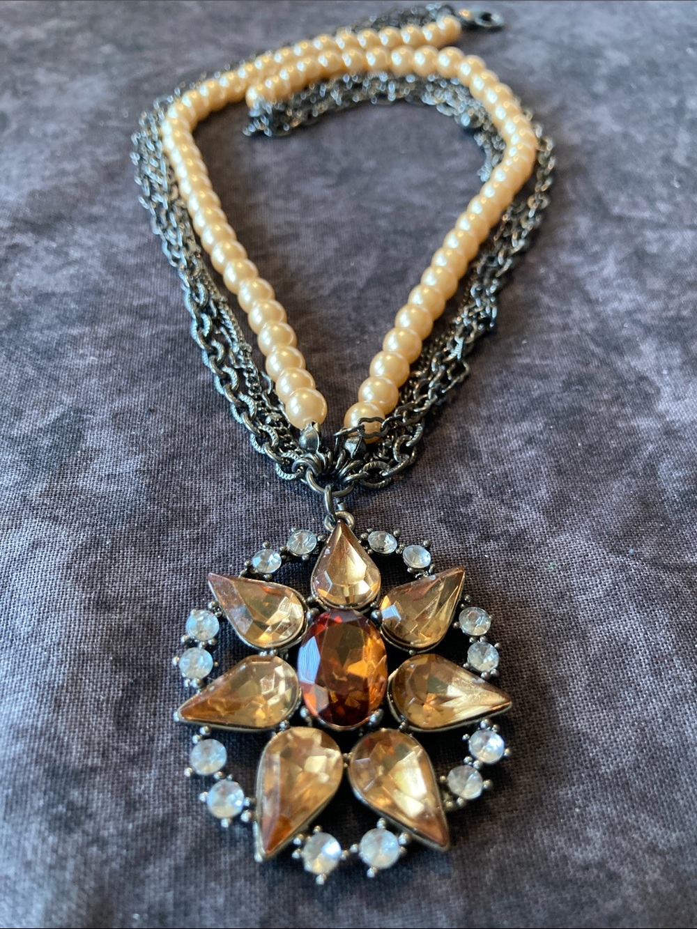 Cream Beaded and Amber Colored Faceted Layered Statement Necklace